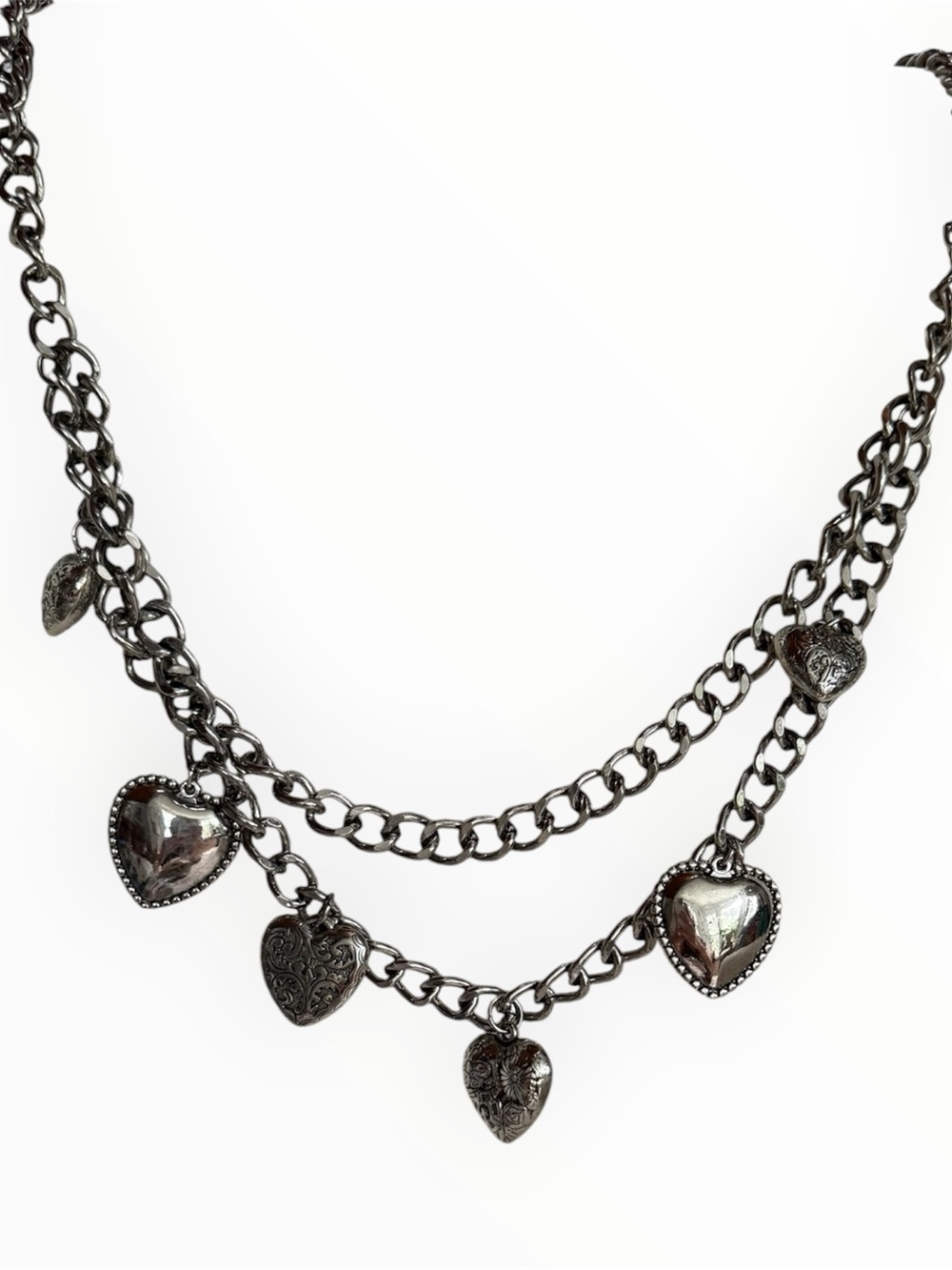 Haute Hippie double strand silver heart charm chain belt Y2K inspired